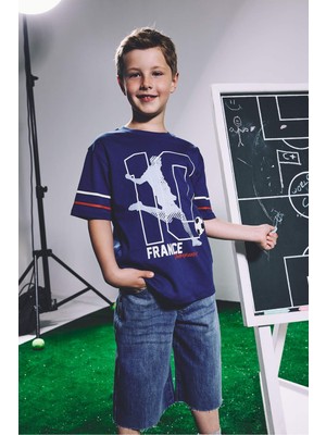 DeFacto %100 Pamuk New Regular Fit Bisiklet Yaka Kısa Kollu Fransa Baskılı Mavi Tişört Erkek Çocuk H9748A826HS