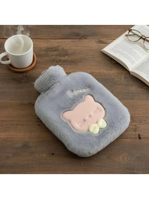 Güzel Hediyem Peluş Kılıflı Su Torbası, Sevimli Kedi Figürlü, Gri, Yumuşak Dokunuşlu