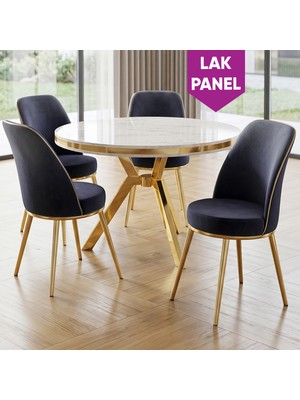 Canisa Natre Serisi 90X90 Lak Panel Beyaz Mermer Desen Gold Ayaklı Mutfak Masası Takımı ve 4 Sandalye