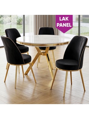 Canisa Natre Serisi 90X90 Lak Panel Beyaz Mermer Desen Gold Ayaklı Mutfak Masası Takımı ve 4 Sandalye