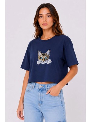 MidasTech Kadın Kedi Baskılı Oversize Crop Tişört Salaş Basic Yarım Kol T-Shirt - Lacivert