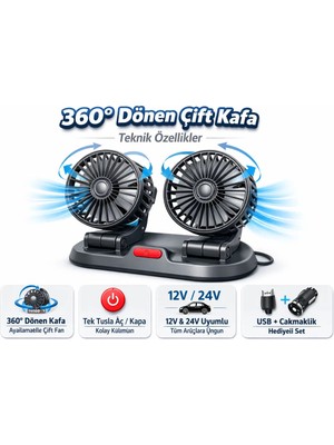 Carub 2 Li Usb Çakmaklık Girişli Vantilatör 12/24 Volt Araç İçi Konfor Sağlayan Kolay Montaj