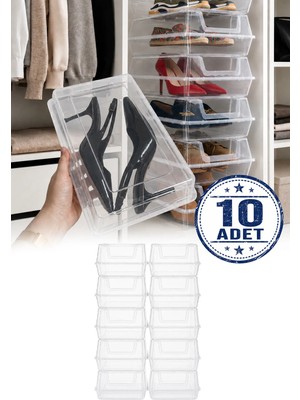Omilife 10'lu Şeffaf Ayakkabı Kutusu Kapaklı İstiflenebilir Kadın Ayakkabı Organizer