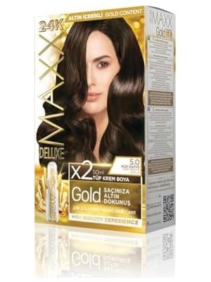 Güzel Hediyem Maxx Deluxe Serisi 24K Altın Parçacıklı Serum ile 1 Kutu 2 x 50 ml ve Geliştiriciler Saç Boyası (Açık Kahve 5.0)