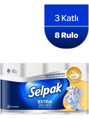 Selpak® Extra Yağ Emici 8'li Rulo Kağıt Havlu 3 Katlı Kokusuz Mutfak ve Temizlik Kullanımı İçin