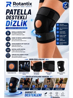 Rotantix Medikal Patella Destekli Dizlik Korsesi Çapraz Bağ Menisküs Ağrısı Için Sporcu Dizlik Standart Beden