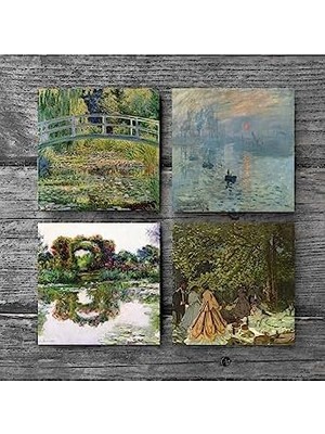 Güzel Hediyem Gül Çiçekli Kemer, Kırda Öğle Yemeği, Izlenim Gün Doğumu, Gölü Taş Bardak Altlığı Seti - 4 Parça - Dekoratif, Rustik Mutfak Aksesuarı, 10X10 Cm, Kaydırmaz Tabanlı SC530