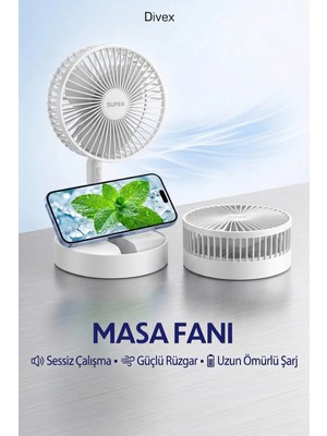 Divex Taşınabilir Masaüstü Vantilatör-Şarjlı 3 Kademeli Güçlü Rüzgar Özelliği ile Sessiz Çalışan Mini Fan
