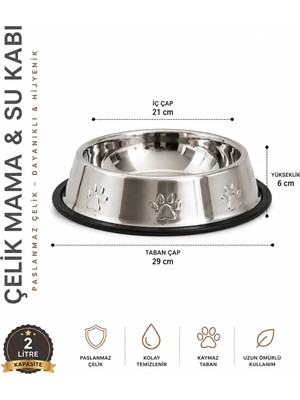 Subutu Köpekler Için Pati Desenli Çelik Su Kabı 30 cm - 64 Oz - 2 Lt