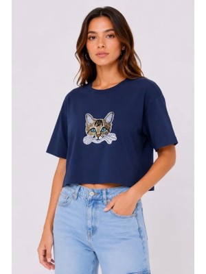 Alyn Wear Kedi Baskılı Oversize Crop Tişört Salaş Basic Yarım Kol T-Shirt - Lacivert