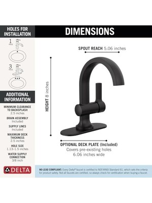 Grains Global Musluk Albion Tek Delikli Banyo Bataryası, Mat Siyah Tek Kolu Banyo Bataryası, Banyo Lavabo Bataryası, Metal Push Pop-Up Tahliye Grubu, 1.2 Gpm Akış Hızı, Mat Siyah 15855LF-BL