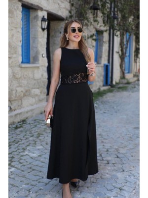Alyn Wear Kadın Omuzlardan Açık Yakası Açık Beli Dantelli Yırtmaçlı Uzun Janjan Krep Elbise