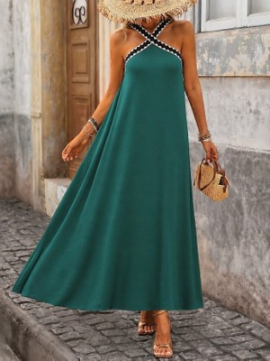 Alyn Wear Kadın Önden Çapraz Lastik Detaylı Omuzlardan Açık Uzun Janjan Krep Elbise