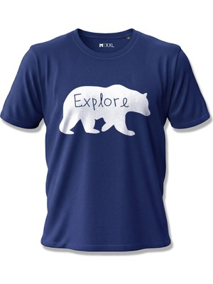 North Whiskers "explore" Beyaz Ayı Baskılı %100 Pamuklu Lacivert Outdoor Tişört