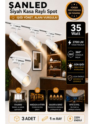 ŞANLED LED Beyaz Kasa Gün Işığı-Beyaz Işık 30W Raylı Spot / 3 Adet + 1 Metre Ray