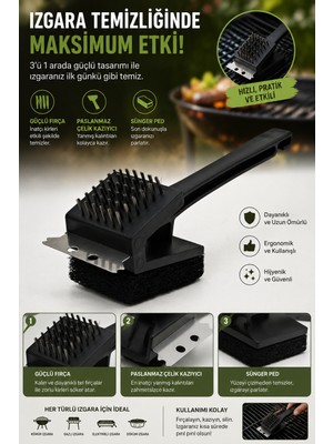 Somineco 3'ü 1 Arada Çok Fonksiyonlu Barbekü Izgara Temizleyici Kazıyıcı - Izgara Fırçası Sünger Fırça 2672