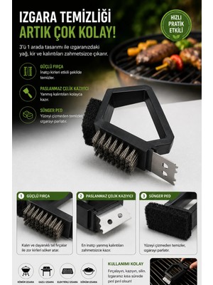Somineco 3'ü 1 Arada Barbekü Fırçası ve Kazıyıcı - Paslanmaz Çelik Teller ve Naylon Sünger 1057