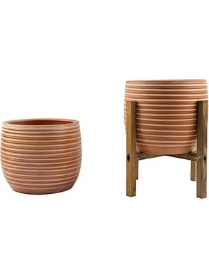 Grains Global Ev Dekorasyon Yan Çizgi Desenli Terrakota Toprak Saksı Saksılık Salon Çiçeklik Ikili Set Ayaksız - 4 Ayaklı- 15 cm