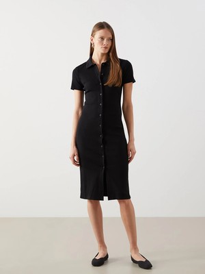 LC Waikiki Siyah Polo Yaka Kadın Bodycon Elbise