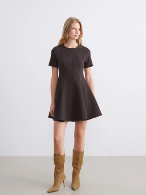 LC Waikiki Kahverengi Bisiklet Yaka Peplum Mini Elbise