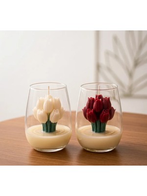 Beyra Decor Kırmızı Beyaz Lale Mum İkili Set - Cam Bardakta Dekoratif Çiçek Mum Tasarım Doğum Günü Söz Nişan Hediyelik