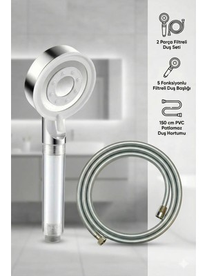 Plodna House Filtreli Beyaz Çelik 5 Fonksiyonlu Duş Başlığı Seti – 150 cm Pvc Patlamaz Hortum 2 Parça