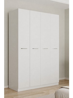 Aeka AE-3190 Burç Beyaz/beyaz 4 Kapaklı Çok Bölmeli Askılı Raflı ve Çekmeceli 210X140X53CM Gardırop
