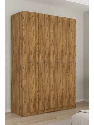 Aeka AE-3190 Burç Atlantik Çam/atlantik Çam 4 Kapaklı Çok Bölmeli Askılı Raflı ve Çekmeceli 210X140X53CM Gardırop