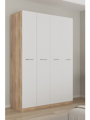 Aeka AE-3190 Burç Sonomo/beyaz 4 Kapaklı Çok Bölmeli Askılı Raflı ve Çekmeceli 210X140X53CM Gardırop