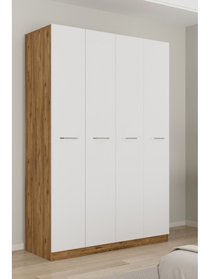 Aeka AE-3190 Burç Atlantik Çam/ Beyaz 4 Kapaklı Çok Bölmeli Askılı Raflı ve Çekmeceli 210X140X53CM Gardırop