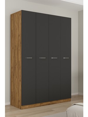 Aeka AE-3190 Burç Atlantik Çam/antrasit 4 Kapaklı Çok Bölmeli Askılı Raflı ve Çekmeceli 210X140X53CM Gardırop
