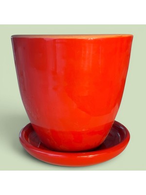 AdenArtpottery Toprak Seramik Saksı Dekoratif Kırmızı Çift Sırlı Altlıklı Delikli 22*22 cm