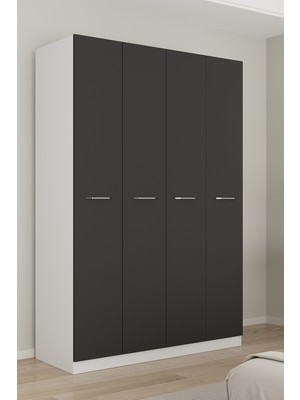 Aeka AE-3190 Burç Beyaz/antrasit 4 Kapaklı Çok Bölmeli Askılı Raflı ve Çekmeceli 210X140X53CM Gardırop