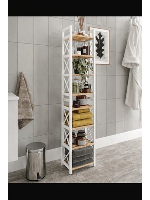 Mallbilia Mini Beyaz Masif Ahşap Dekoratif Banyo Rafı Havluluk Peçetelik 8 Katlı Beyaz