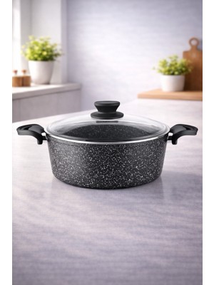 UltraMint 28 cm Granit Derin Tencere Siyah Cam Kapaklı, Yapışmaz, Dayanıklı ve Şık