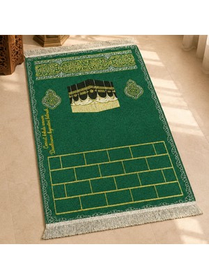 Bk Gift Kişiye Özel Nakış Işlemeli Kabe Motifli Saçaklı Yeşil Renk Hediyelik Seccade