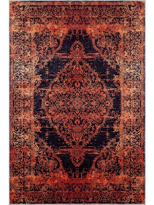 Aren Halı Horda Klasik Göbekli Turuncu Siyah  Polyester ve Pamuklu Kaydırmaz Tabanlı Yıkanabilir Dijital B