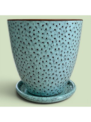 AdenArtpottery Toprak Seramik Saksı Dekoratif Mavi-Kahverengi Desenli Delikli Çift Sırlı Altlıklı 30*30 cm