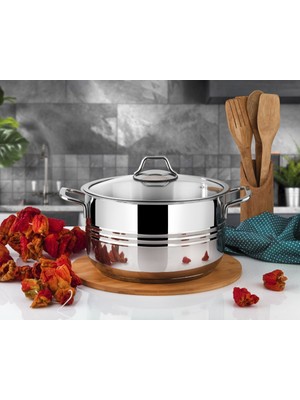 UltraMint Derin Çelik Tencere, 24 Cm, Metal Kulp, Cam Kapak, Dayanıklı ve Şık