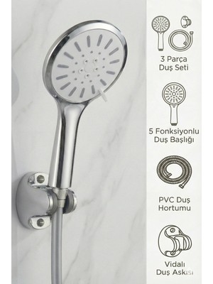 Plodna House Basınç Arttırıcı Duş Başlığı, Dayanıklı Pvc Hortum ve Matkap Gerektirmeyen Duş Askısı Seti
