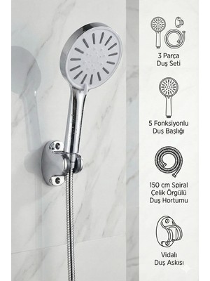 Plodna House Basınç Arttırıcı 5 Fonksiyon Duş Başlığı Seti | 150CM Dayanıklı Hortum + Mafsal