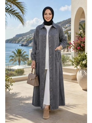Harma Time Butik Kadın Düğmeli Cepli Gri Denim Kot Kap
