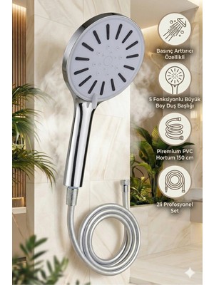 Plodna House Basınç Arttırıcı Özellikli 5 Fonksiyonlu Büyük Boy Duş Başlığı & Pvc Süper Sağlam 150 cm Hortum