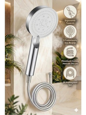 Plodna House Basınç Arttırıcı Özellikli 5 Fonksiyonlu Büyük Boy Duş Başlığı & Pvc Süper Sağlam 150 cm Hortum