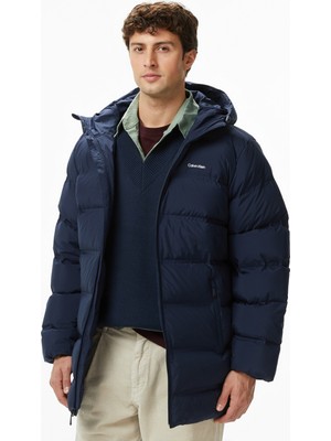 Calvin Klein Bonded Long Hooded Erkek Mavi Puffer Mont