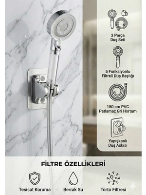 Plodna House Filtreli Beyaz Çelik 5 Fonksiyonlu Duş Başlığı Seti – Pvc Hortum & Yapışkanlı Duş Askısı Dahil