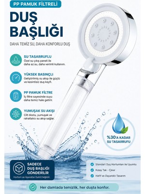 Plodna House Pp Pamuk Filtreli 5 Fonksiyonlu Yüksek Basınçlı Duş Başlığı Su Tasarruflu Abs Gövdeli