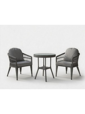Monalin Home Garden Milano Gri 2 Kişilik(1-1-Masa) Rattan Örgü Bahçe & Balkon & Teras Oturma Grubu Minderli & Camlı & Masalı Takım