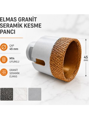 Badem10 Seramik Vakumlu Granit Panç 45 mm M14 Uyumlu Kuru Kesim Elmas Delme Açma Matkap Panç Ucu