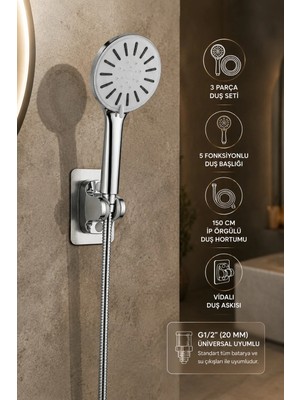 Plodna House 3 Parça Duş Seti 5 Fonksiyonlu Duş Başlığı Güçlü Su Akışı 150 cm Hortum G1/2 Uyumlu
